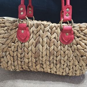 Straw Tote Bag with Pink Accents